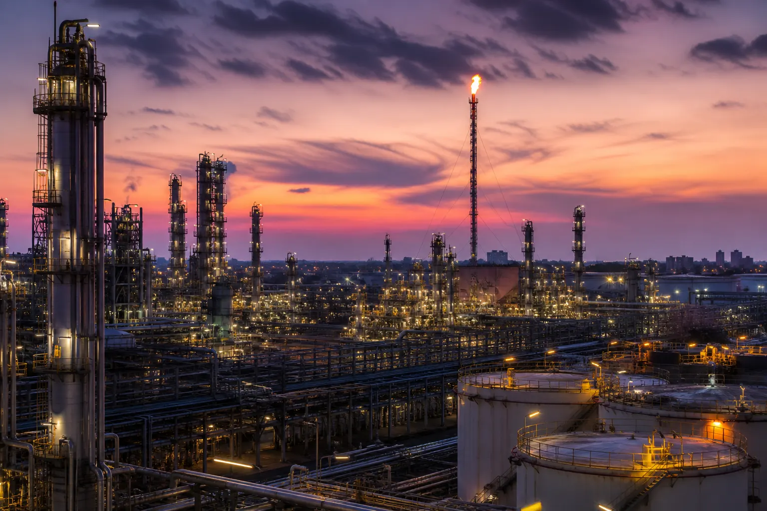 Oil refinery distillation towers, pipe racks, and flare stack at dusk